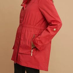 Women's Red Hooded Rain Jacket Mid-Length Casual
