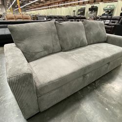 QUEEN SLEEPER SOFA - Gray or Ivory Corduroy Fabric Loose Back Cushions Queen Size Bed 