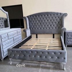 Grey / black king & queen bed frame with dresser, mirror and nightstand.. brand new 
