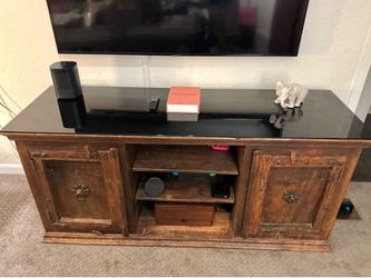 Carved Solid Wood + Glass Top Media Console / TV Stand