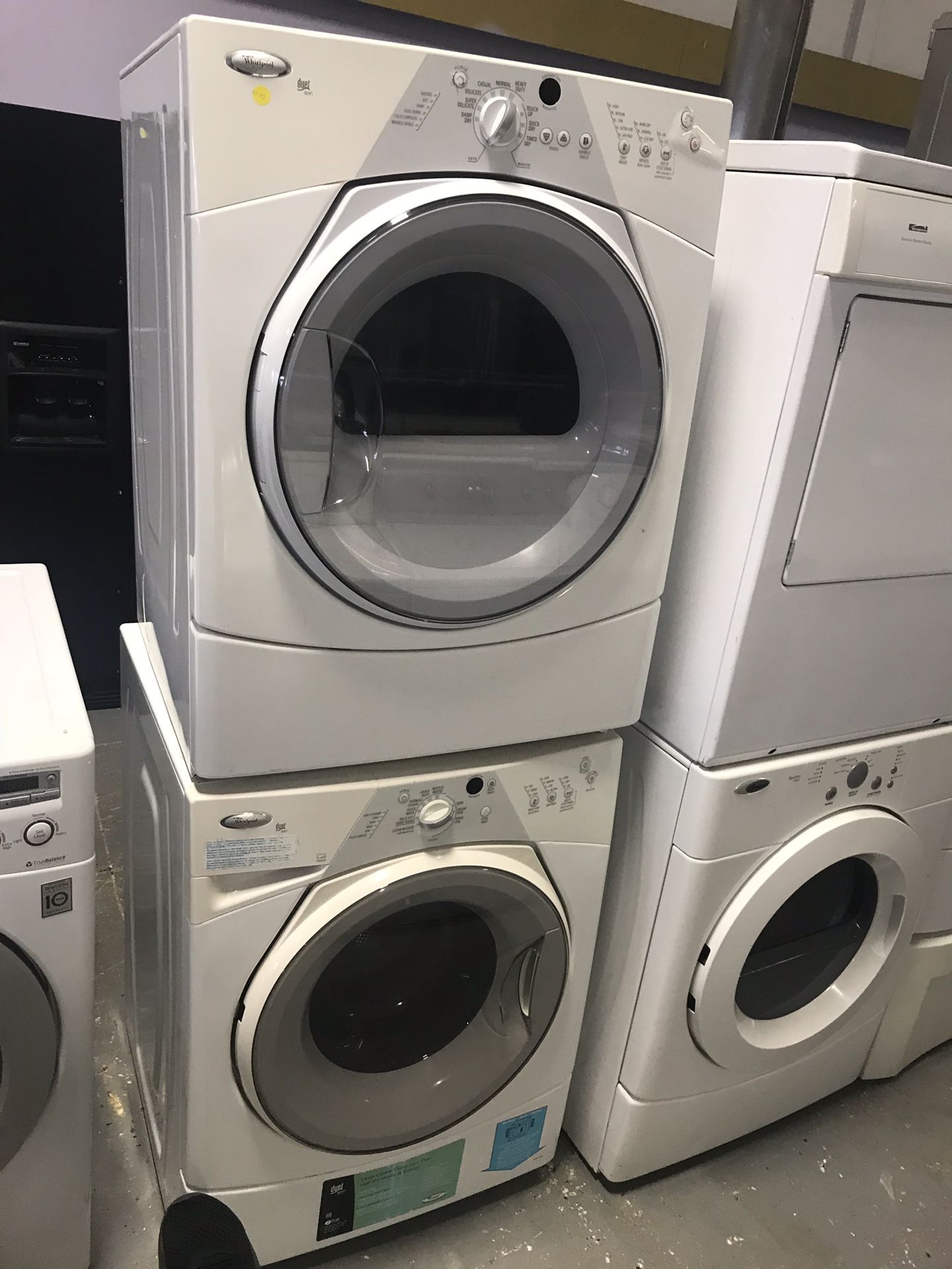 Whirlpool brand refurbished stackable washer dryer set works great 45 days warranty delivery installation available.