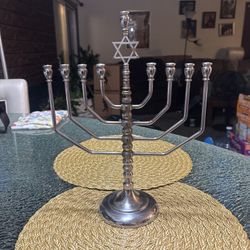Polished Chrome Hanukkah Menorah Star of David 13" Tall Vintage Stamped RC