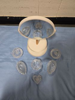 7-Piece Tabletop Vanity Makeup Mirror Organizer & Vintage Crystal Ring Dishes Set