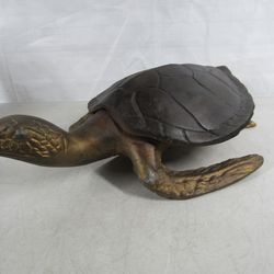 Sea Turtle Large Cast Aluminum Brass Tone Home Garden Decor 16" Length