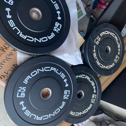 Very nice looking Brand new 45, 35 lb, and 25 lb Olympic weight plates. 
Pair of 45s =$110
Pair of 35s=$90
Pair of 25s=$80