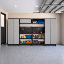6 -PIECE STEEL GARAGE STORAGE CABINET & SHELVING SET W/ METAL PEGBOARD BACKING IN BLACK/GRAY (50% OFF RETAIL + AN ADDITIONAL $50.00 OFF + NO SALES
