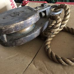 Antique wood and brass pulley