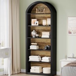 J0430 6-Tier Black Arched Bookshelf, 77.16" Tall Arched Bookcase with Storage Shelves, Floor Standing Open Display Shelving Unit
