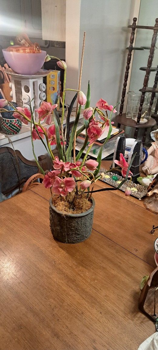 Beautiful Large Artificial Pink Orchid Plant In Ceramic Pot, Approx 27" Tall 