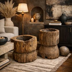 Vintage Hand-Carved Wood Stump Planters – Rustic Organic Pedestal Vessels (Set of 2)