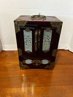 Vintage Chinese Rosewood Jewelry Box with Jade Inlays & Brass Hardware-$160 CASH