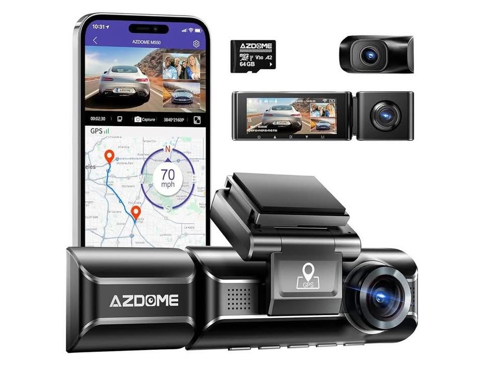 AZDOME M550 3 Channel Dash Cam, 4K+2.5K Dual Dash Camera for Cars Built-in WiFi GPS, 1440P+1080P+144
