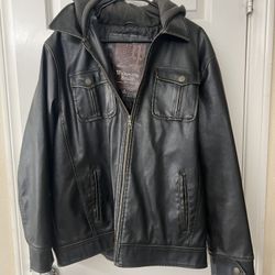 Whispering Smith Faux Leather Jacket Men's XL Distressed Black Hooded Zipped Pockets