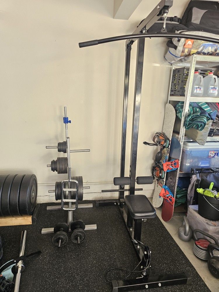 Lat Pull Machine, Weights, Curl Bars, Dumbells