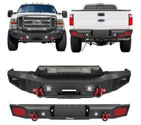 Front and Rear Bumper Sets Compatible with 2008-2010 F250-F550 Super Duty with Winch Plate, Sensor hole, Wiring Harness and LED Lights