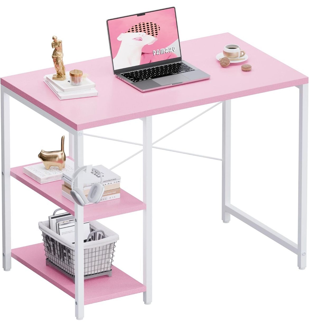 BRAND NEW Pamray 32 Inch Small Computer Desk with Shelves, Home Office Desk with Headphone Hook for Bedroom, Study Writing PC Table for Small Spaces,