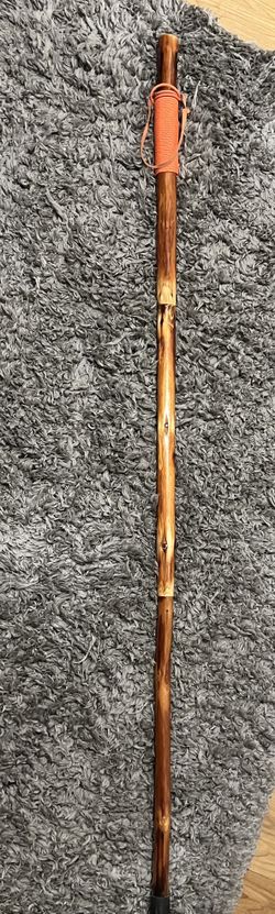 Bamboo walking stick with Compass And Orange Leather Grip/strap