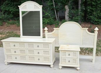 Sea Winds Key West Coastal Cottage White Bedroom Set – Dresser, Mirror, Queen Headboard & Nightstand
