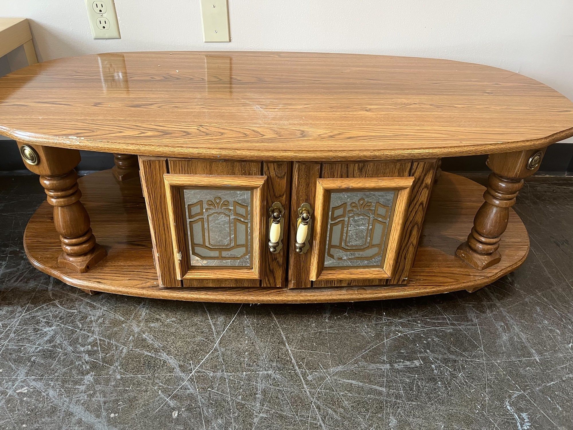 Traditional Oval Wood Coffee Table with Glass Cabinet Doors