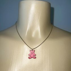 Cute Pink Wood Teddy Bear Necklace 