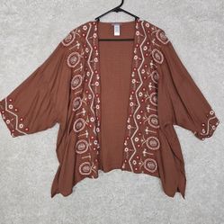 J Jill Womens Embroidered Kimono Cardigan One Size Rust Boho Festival
