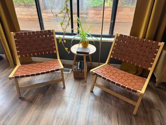 Pair of Woven Leather & Wood Lounge Chairs – Mid-Century Style