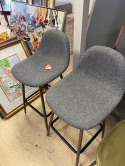 Set of 2 Gray Upholstered Bar Stools