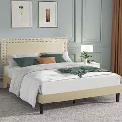 Full size Upholstered Bed Frame with Adjustable Headboard, No Box Spring Needed Platform Bed Frame