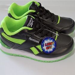 NEW~Boys REEBOK~Black & Green Neon Slip-in Light Up Sneakers~Sizes 6T~8T~9T~BRAND NEW