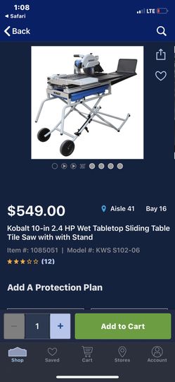 Kobalt 10-in Wet/Dry Tabletop Sliding Table Tile Saw with Stand