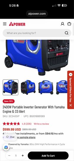 2400W Portable Inverter Generator With Yamaha Engine & CO Alert