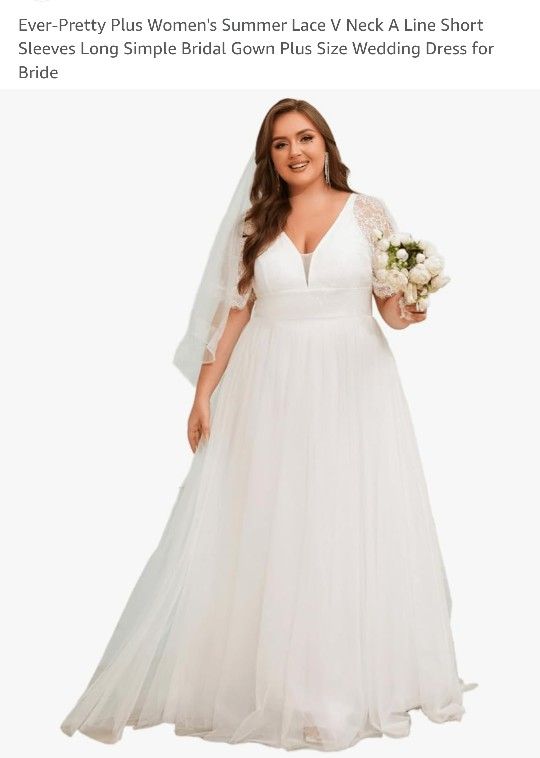 Plus Size Lace V Neck A Line Short Sleeve Wedding Dress