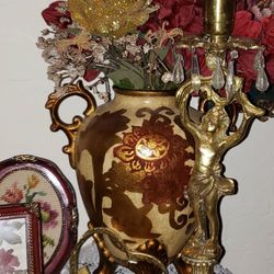 VINTAGE ORNATE BURGUNDY RED GOLD HAND PAINTED FLOWER VASE FLORAL ARRANGEMENT BRASS CHERUB CANDLE HOLDER CANDELABRA EMBROIDERED PICTURE FILIGREE HEART
