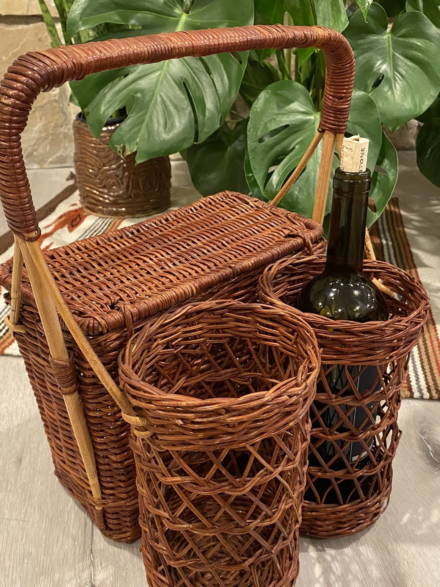 Vintage Wicker Picnic Basket and Wine Holder