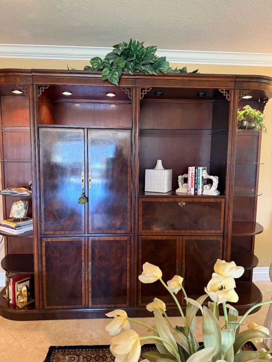 4 Unit Wall Cabinets. Burlwood Chippendale By Drexel Heritage