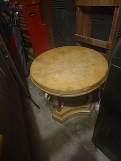 Vintage Ornate Round Burl Wood Coffee Table - Carved Scroll Base