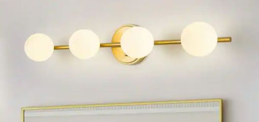 Yspin 29.53 in. 4 Light Brass Modern Bathroom Vanity Light Fixture Wall Sconce, Mid Century Wall Mount with Milk Glass Shade