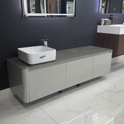 63” Floating Gray Sintered Stone Top Single Vessel Sink Bathroom Vanity