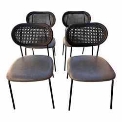Four Black Plastic Rattan Back Modern Metal Chairs Faux Leather Seats