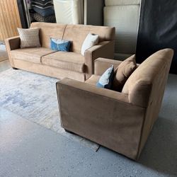 Montana Tan Microfiber Sofa + Matching Lounge Chair — Unused Staging Inventory