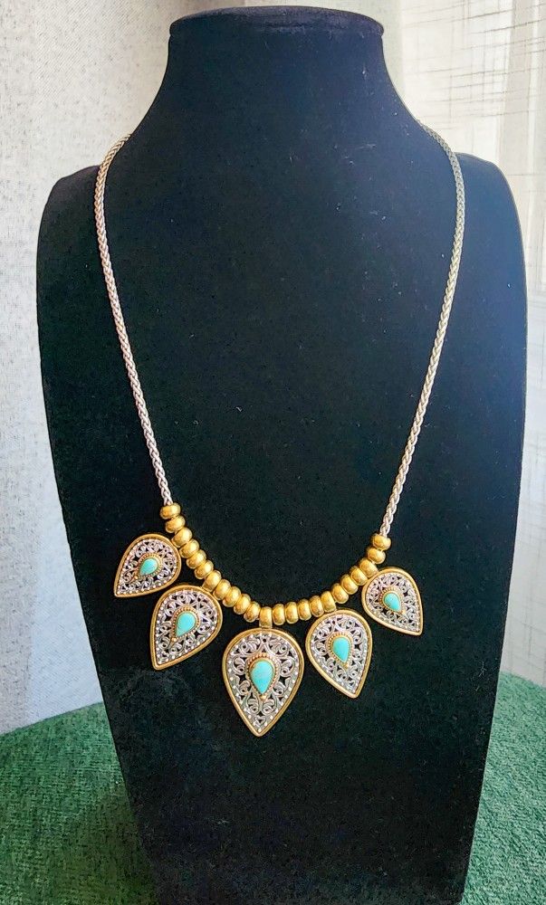Lucky Brand Mixed Metal Necklace – Turquoise Gem Drop Design, Boho Statement