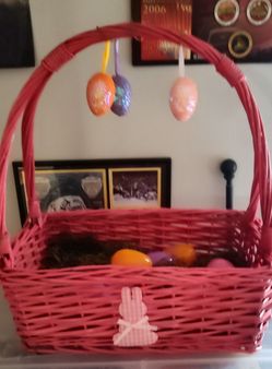Pink Easter Basket with Eggs And Singing Reindeers And Ornaments