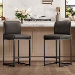 PHI VILLA Black Leather Bar Stools Set of 2, Counter Height Bar Chairs, 24 inch Kitchen Modern Bar Stool with Back