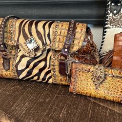 Raviani Purse With Matching Wallet Alligator Zebra Suede Leather Rhinestones