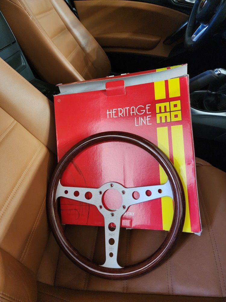 MOMO Motorsport Indy Heritage Steering Wheel Mahogany Wood Grip, Brushed Aluminum Spoke, 350mm