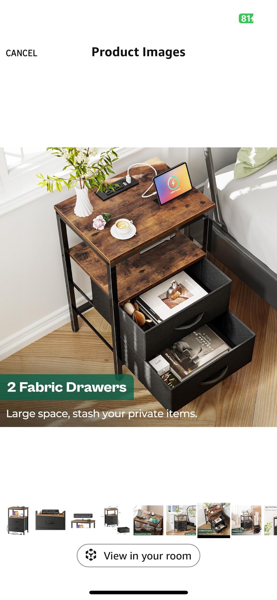 Huuger Nightstand with Charging Station, Side Table with Fabric Drawers, End Table with Open Shelf, Bedside Table with USB Ports and Outlets, Night St