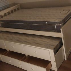    Twin captain bed with drawer trundle-$330.00. With mattresses-$499. Colors espresso or white. Assembly required. Assembly not included. Free delive