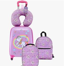 Kids Unicorn Luggage Set, 5-Piece 18-Inch Suitcase with Backpack & Neck Pillow