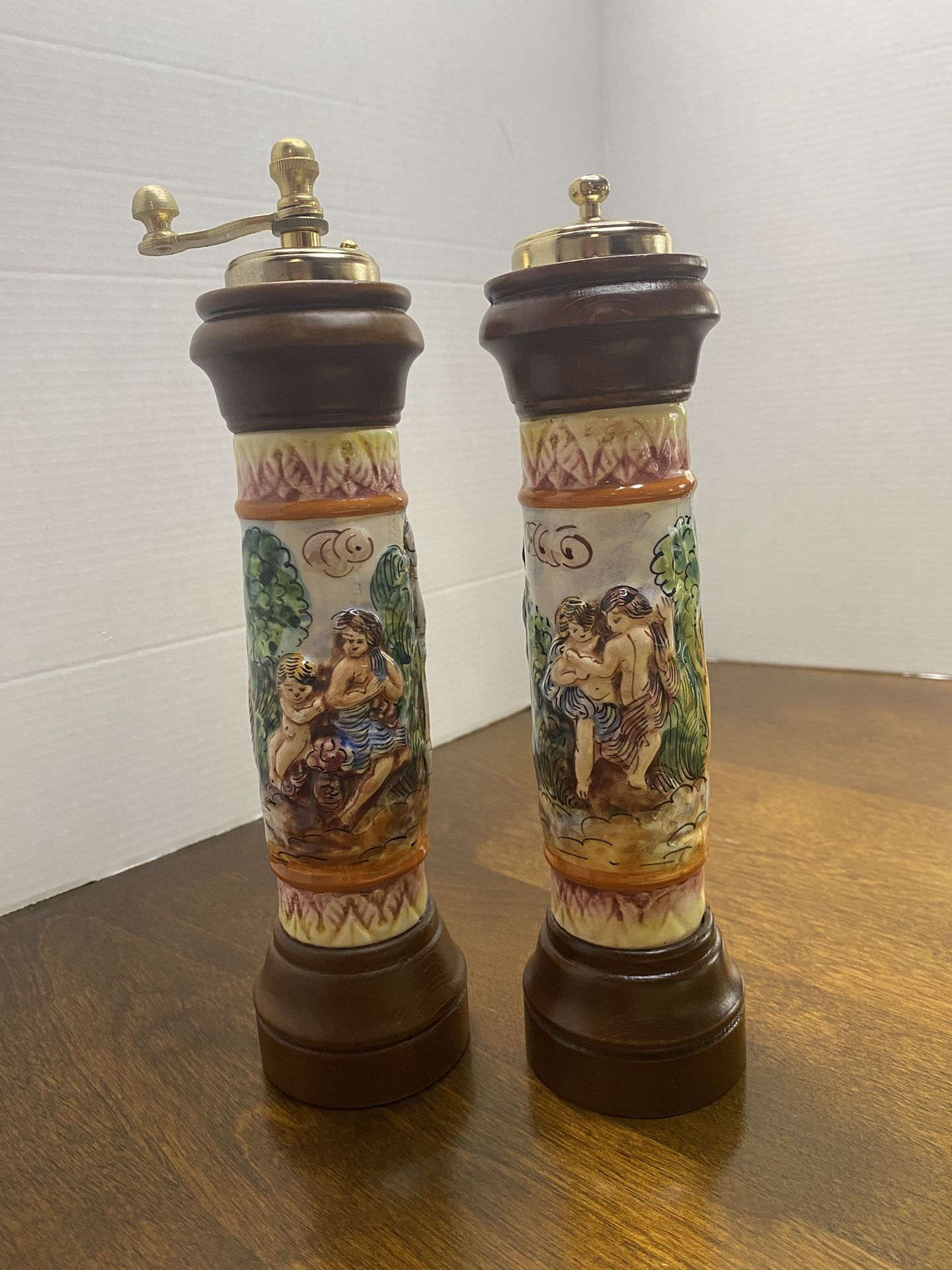 Vintage Capodimonte Porcelain And Wood Salt & Pepper Mill