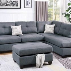 Brand New Grey Sectional Sofa w Storage Ottoman